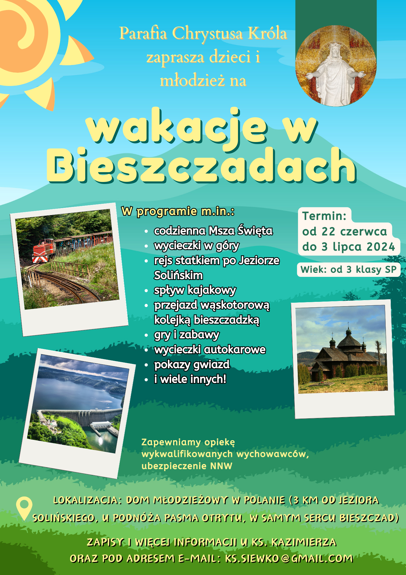 plakat informacyjny o koloniach parafialnych w Bieszczadach w 2024